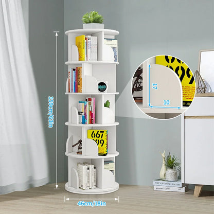 Bimiti 5 Tier Rotating Bookshelf, 360?�� Revolving Bookcase 20 Shelves Floor-Standing Storage Display Rack - White 63"x18"x18", Adult