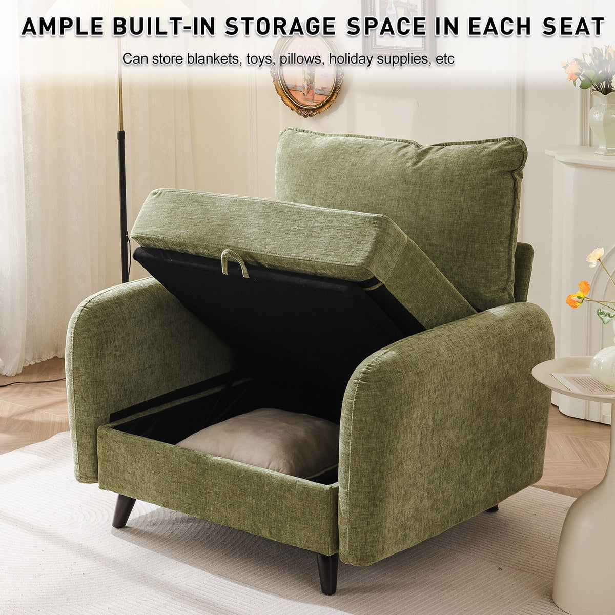 Rexulqo Oversized Accent Chair with All Seats Storage,Comfy Living Room Chairs with 2 Throw Pillow,Upholstered Mid-Century Armchair,24.5'' Deep Seat,Reading Chair For Bedroom ,Office,Chenille,Green