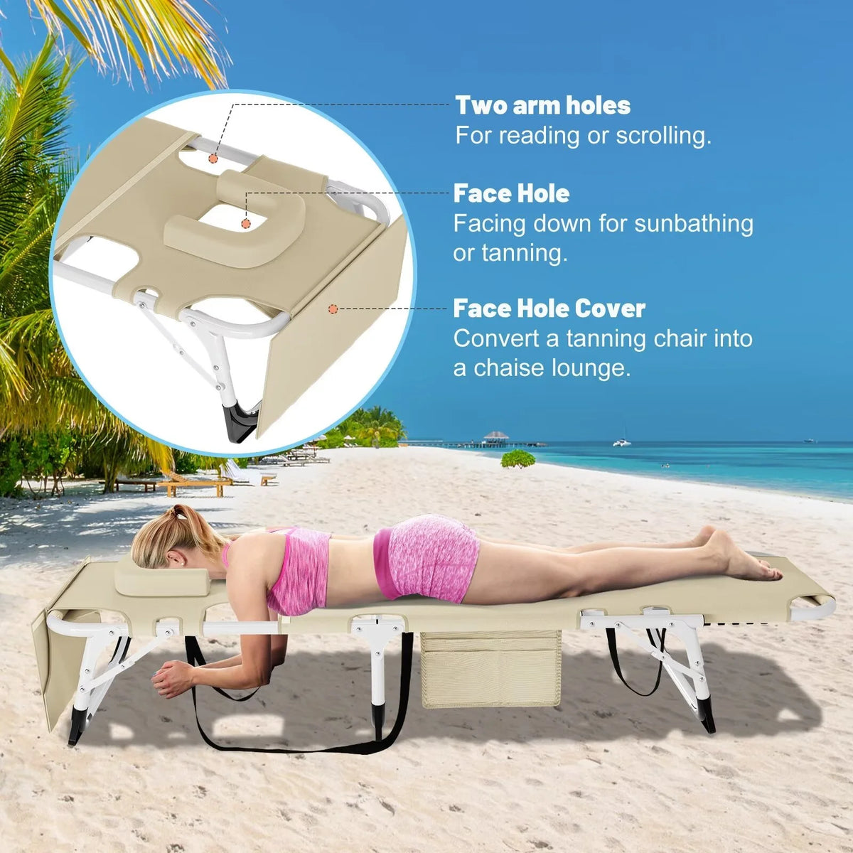 MOPHOTO Lounge Chair with Mattress, Outdoor Chaise Lounge Support 440 Lbs, Adjustable Portable Heavy Duty Sleeping Cots Bed for Camping, Pool, Beach, Patio