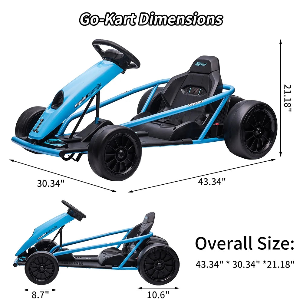 Simzone Go Kart for Kids 24V Battery 300WX2 Motors Pedal On Foot Go Cart 8MPH High Speed Drifting Car with Slow Start Function Music Elastic Durable Tires, Blue