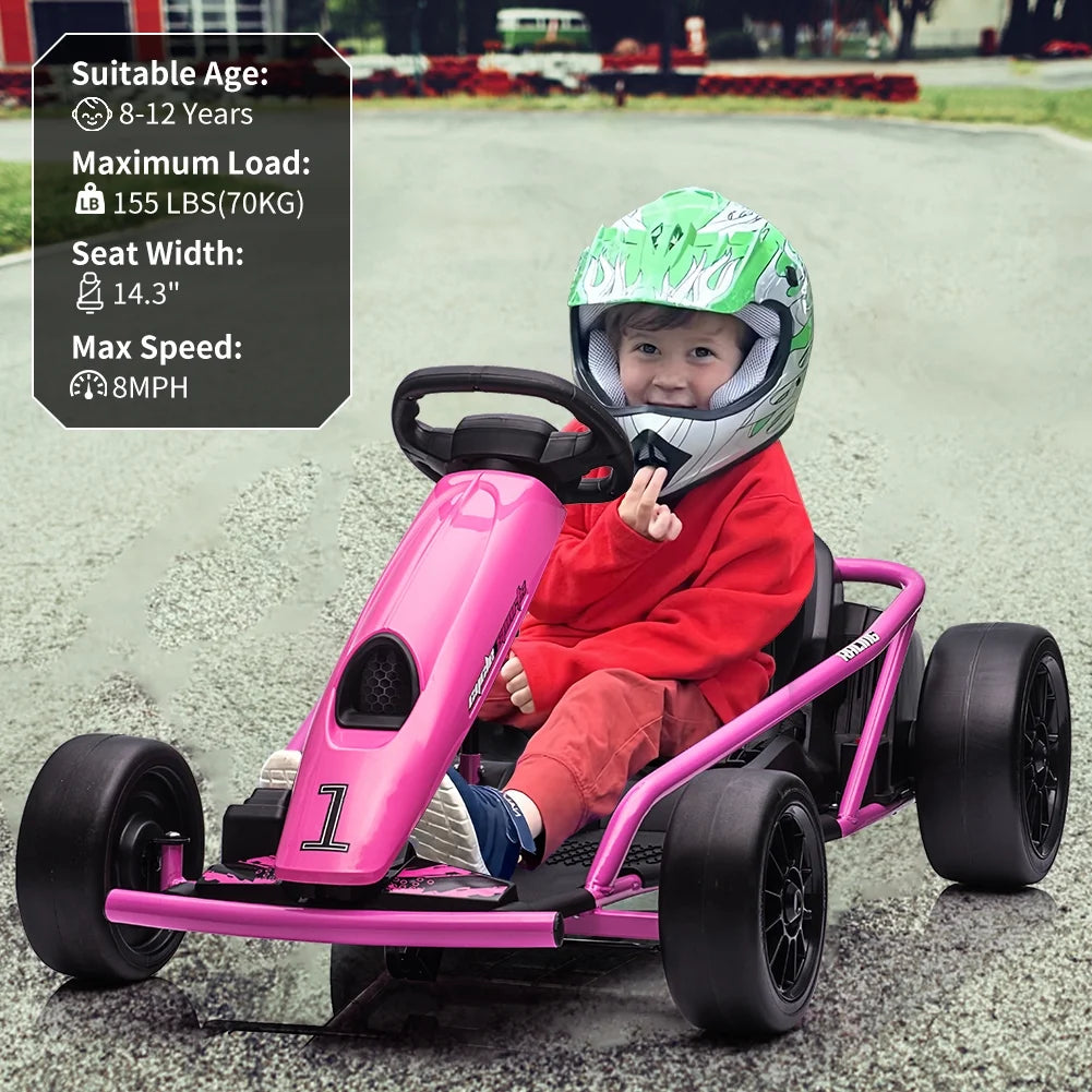 Simzone Go Kart for Kids 24V Battery 300WX2 Motors Pedal On Foot Go Cart 8MPH High Speed Drifting Car with Slow Start Function Music Elastic Durable Tires, Blue