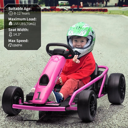 Simzone Go Kart for Kids 24V Battery 300WX2 Motors Pedal On Foot Go Cart 8MPH High Speed Drifting Car with Slow Start Function Music Elastic Durable Tires, Blue