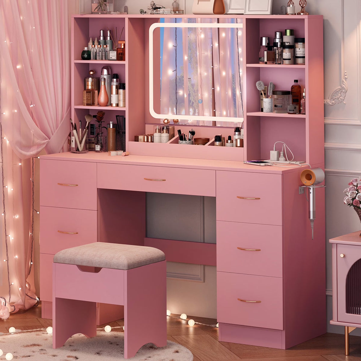 47" Large Vanity Desk with Lighted Mirror & Charging Station, Black Makeup Vanity with 7 Drawers & 6 Shelves, Vanity Set with Cushioned Stool