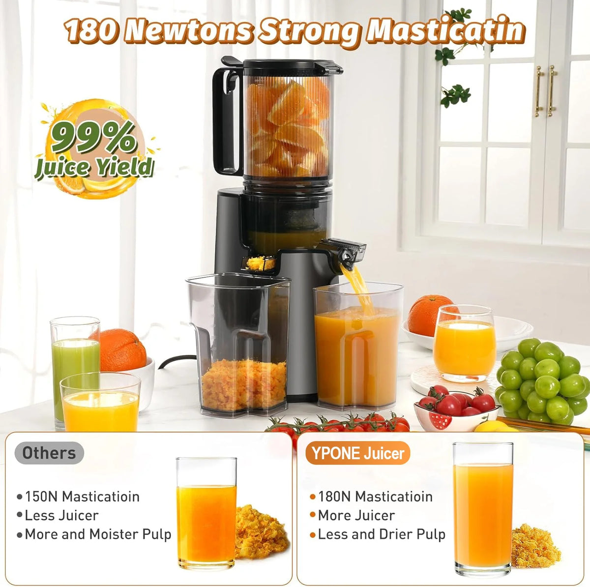 YPONE Cold Press Juicer, Masticating Juicer with 5.4" Wide Feed Chute, 350w Slow Juicer Machines Fit Whole Vegetables and Fruits,Juice Extractor Machine with High Juice Yield, Easy to Clean(Black)