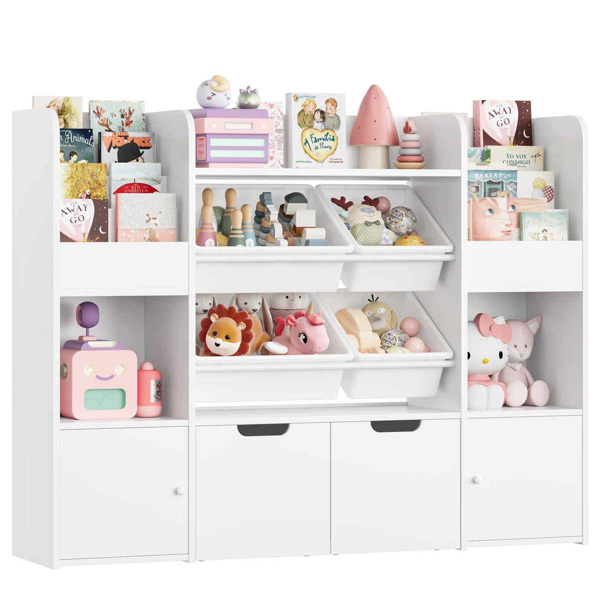 Hiphuta Kids Bookcase Toy Storage Organizer, Wooden Toy Organizer of 4 Bins& 2 Removable Drawers for Home Bedroom, Kids Bookshelf Toy Box with Book Rack, White
