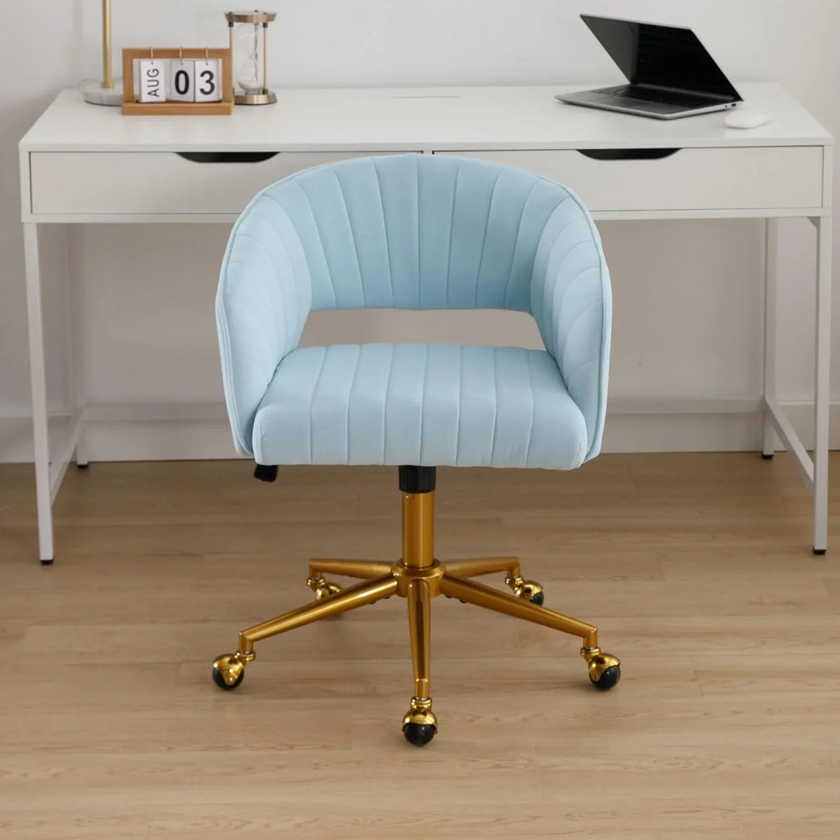 Westice Home Office Desk Chairs, Velvet Task Chair, Height Adjustable Swivel Vanity Chair with Golden Base for Vanity Study, Living Room Computer Room, Beige