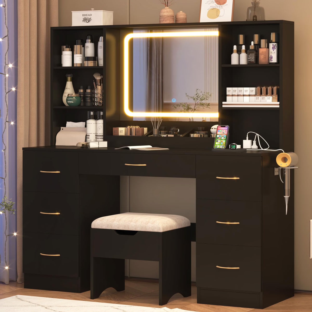 47" Large Vanity Desk with Lighted Mirror & Charging Station, Black Makeup Vanity with 7 Drawers & 6 Shelves, Vanity Set with Cushioned Stool