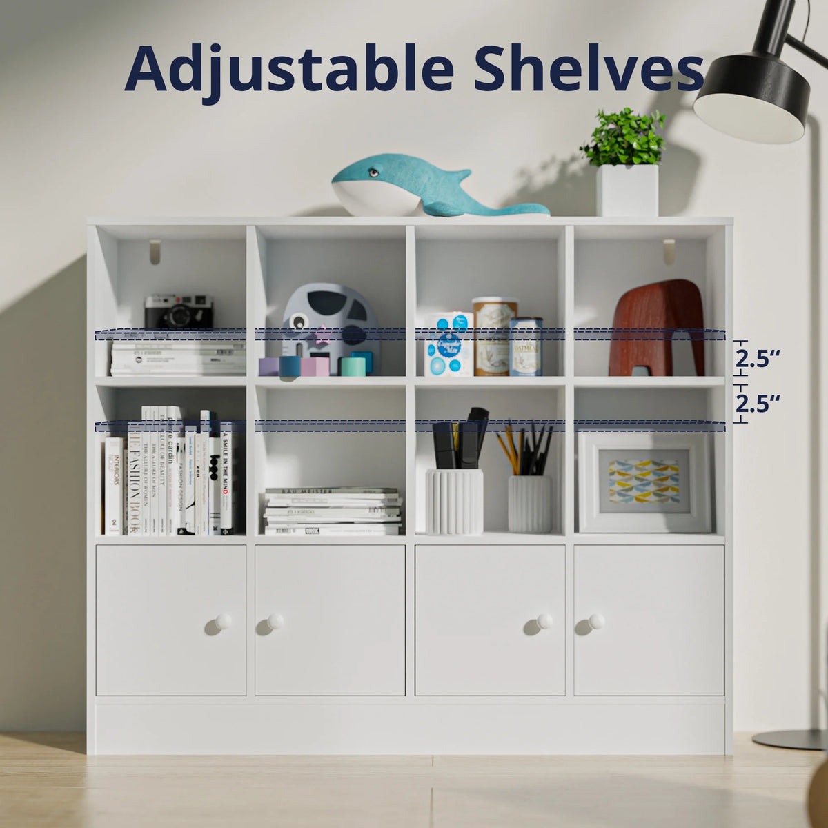 Cozy Castle 3-Tier Open Cube Bookcase with 12 Cubes and 4 Doors, Adjustable Shelves, White