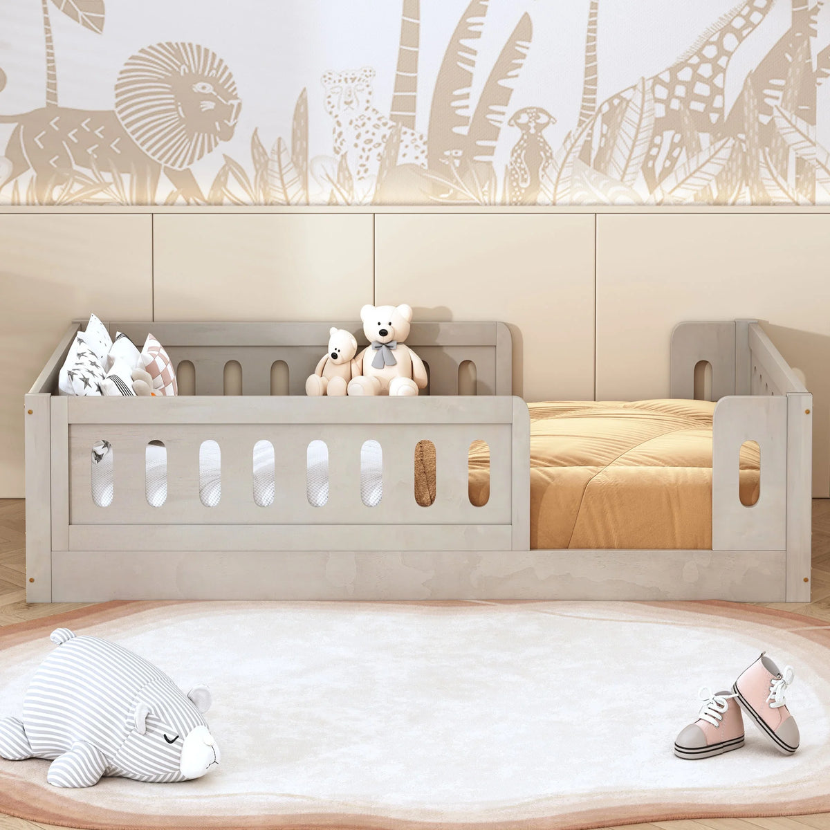 Euroco Wood Twin Size Platform Bed with Guardrail for Toddler and Kids