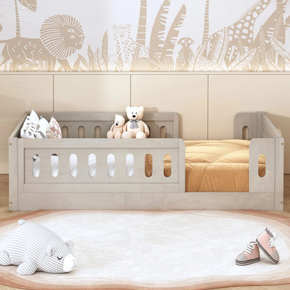 Euroco Wood Twin Size Platform Bed with Guardrail for Toddler and Kids