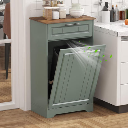 Single 10 Gallon Tilt Out Trash Can Cabinet with Deodorizing Function, Wooden Hidden Garbage Can Holder with Storage Drawers for Kitchen and Dining Room, Laundry Hamper Cabinet for Bathroom, Blue