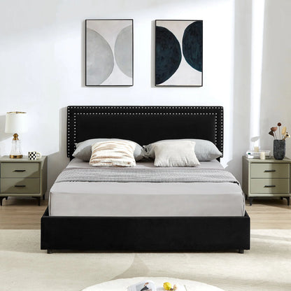 VECELO Full Bed Frame with 4 Storage Drawers (Wheeled) and Tufted Upholstered Adjustable Headboard Platform Bed, Beige