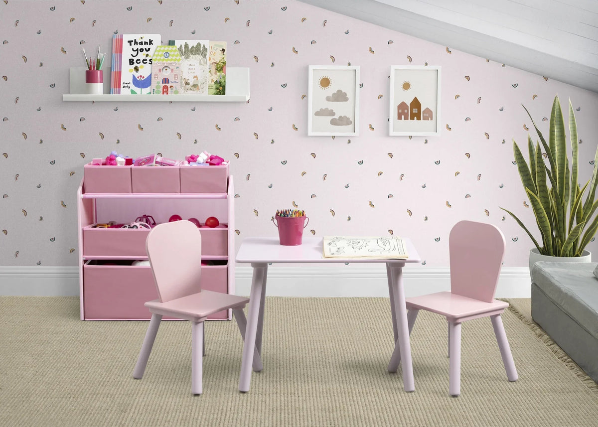 Delta Children 4-Piece Toddler Playroom Set �C Includes Play Table, 2 Chairs and 6 Bin Toy Organizer with Reusable Vinyl Cling Stickers, Light Pink/Dark Pink