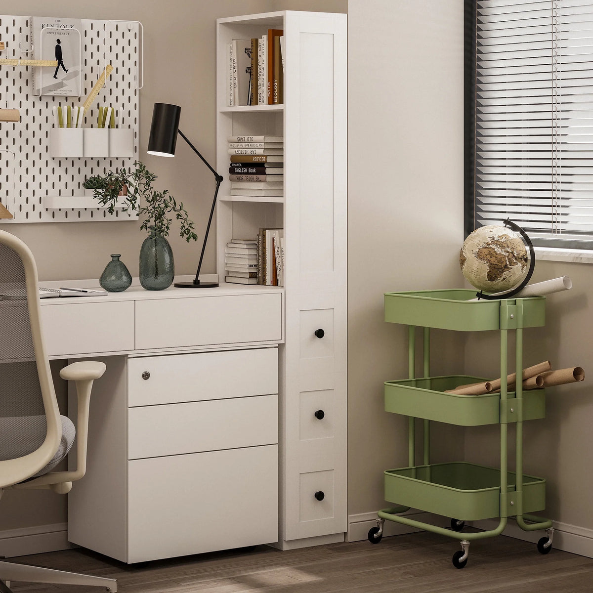 LAUSAINT HOME Bathroom Storage Cabinet, Tall Thin White Storage with 2 Adjustable Shelves & 3-level Drawers for Home, Kitchen