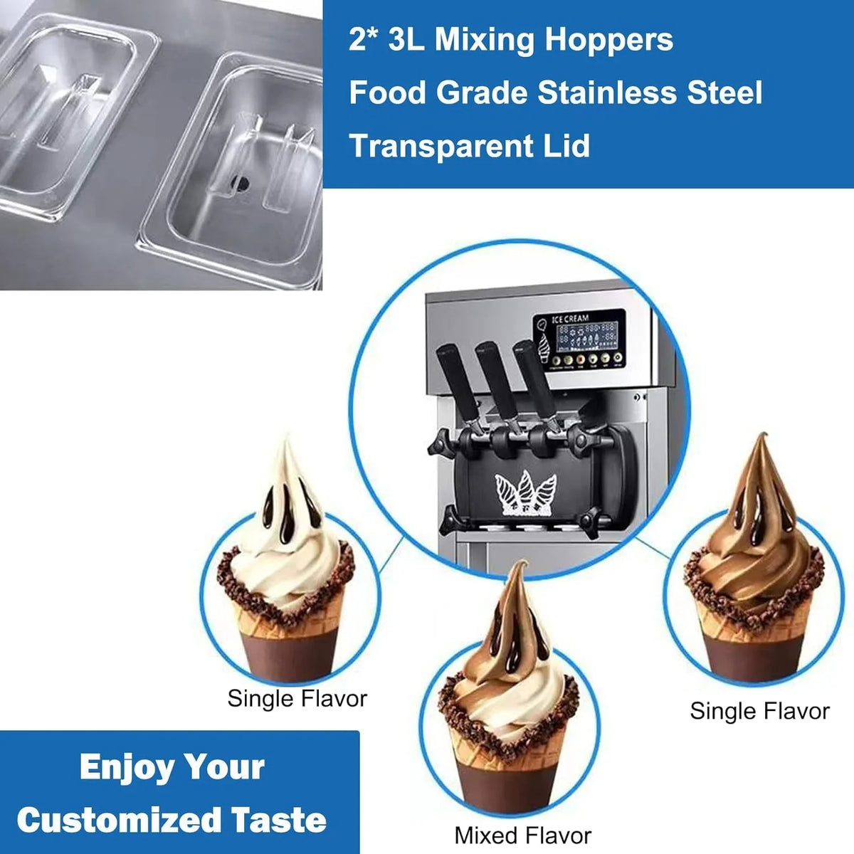 SIHAO 1200W Commercial Ice Cream Machine Countertop 18L/H Soft Serve Ice Cream Maker with LED Display