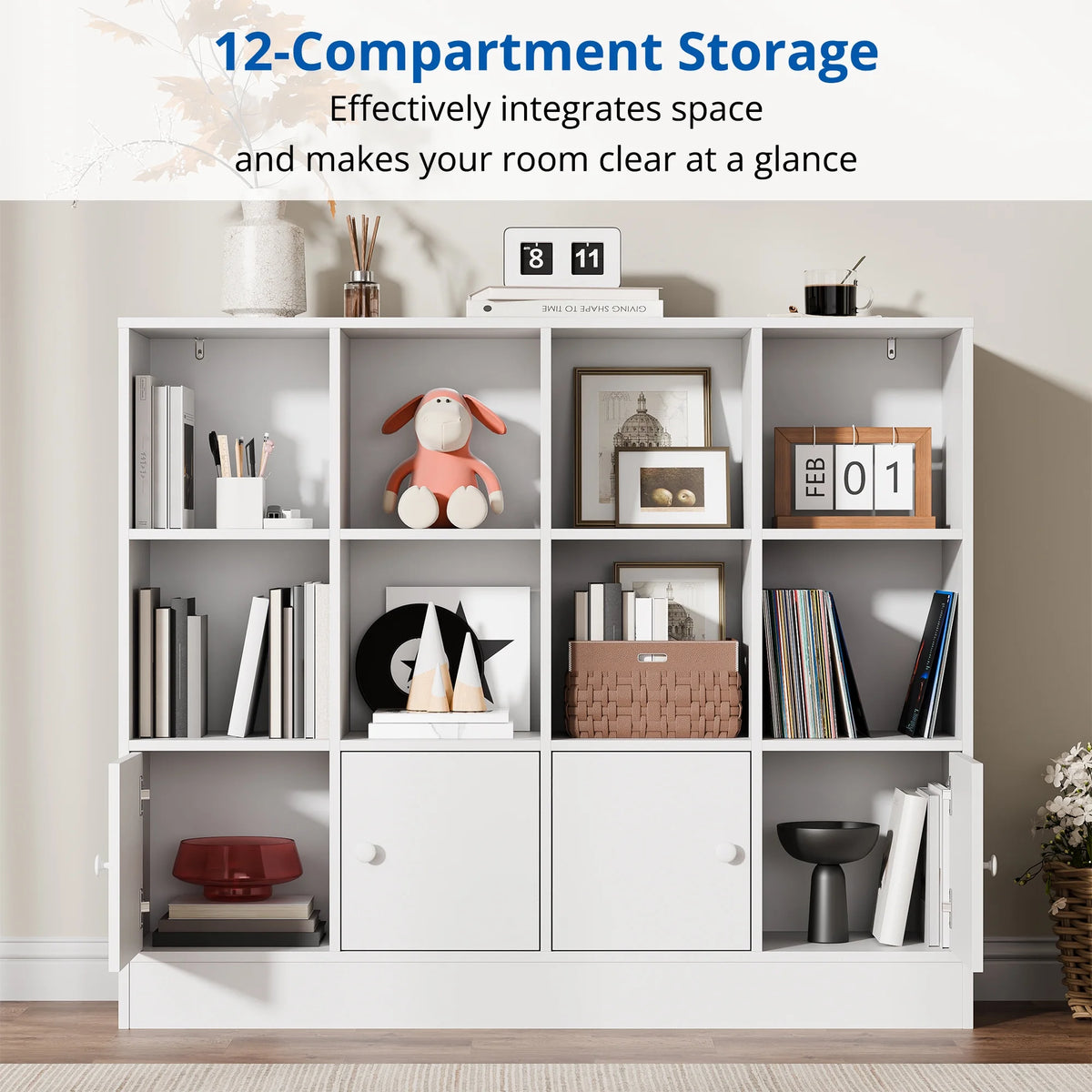 Cozy Castle 3-Tier Open Cube Bookcase with 12 Cubes and 4 Doors, Adjustable Shelves, White