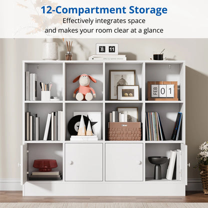 Cozy Castle 3-Tier Open Cube Bookcase with 12 Cubes and 4 Doors, Adjustable Shelves, White