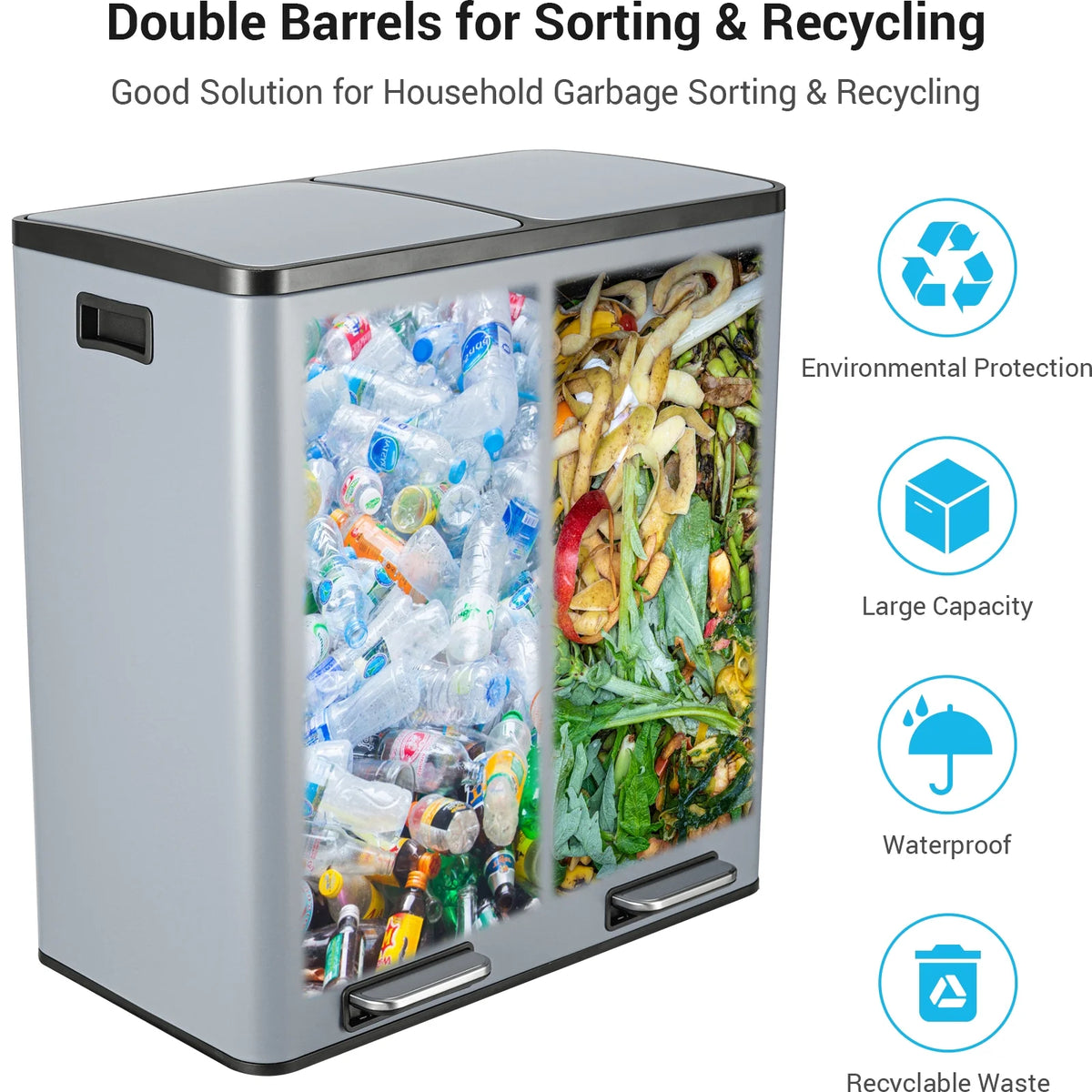 LAZY BUDDY Dual Garbage Can, Stainless Steel 16 Gallon Step Kitchen Trash Can with Soft-Close Lid, Double Compartment Garbage Recycling Bin