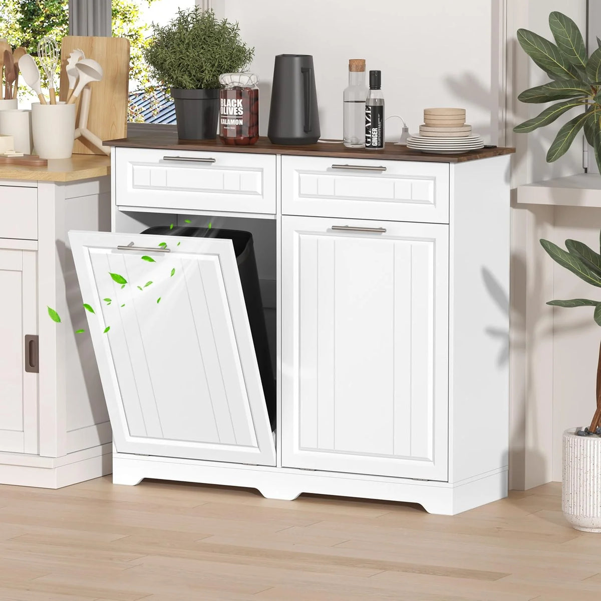 Single 10 Gallon Tilt Out Trash Can Cabinet with Deodorizing Function, Wooden Hidden Garbage Can Holder with Storage Drawers for Kitchen and Dining Room, Laundry Hamper Cabinet for Bathroom, Blue