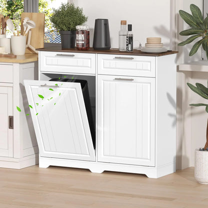 Single 10 Gallon Tilt Out Trash Can Cabinet with Deodorizing Function, Wooden Hidden Garbage Can Holder with Storage Drawers for Kitchen and Dining Room, Laundry Hamper Cabinet for Bathroom, Blue