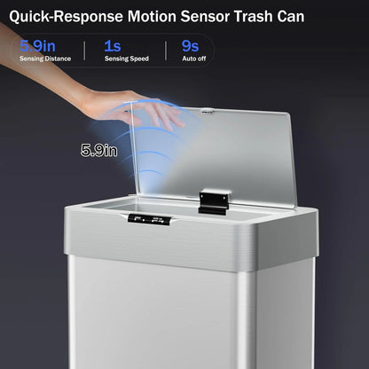 LAZY BUDDY 60 Liter / 16 Gallon Stainless Steel Motion Sensor Trash Can for Kitchen, Bathroom, Rectangular