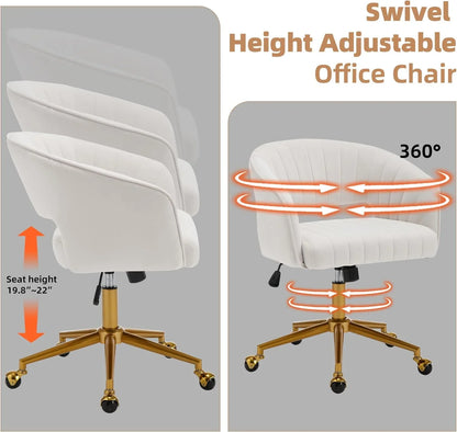 Westice Home Office Desk Chairs, Velvet Task Chair, Height Adjustable Swivel Vanity Chair with Golden Base for Vanity Study, Living Room Computer Room, Beige