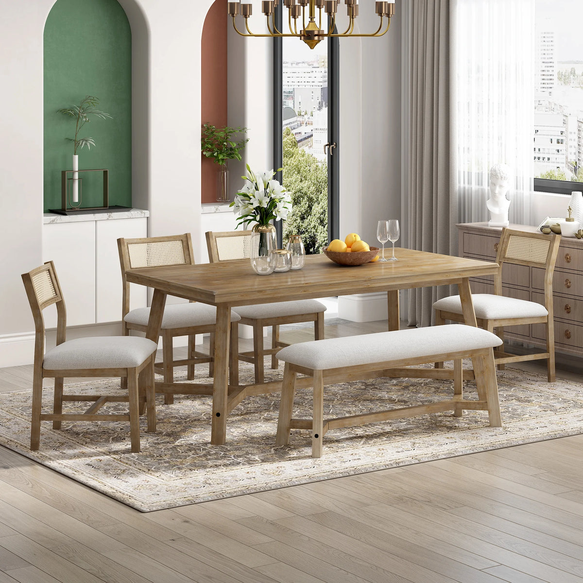 Prehome 6-piece Retro Farmhouse Dining Set, Wood Rectangular Table and 4 Upholstered Rattan Chairs, Bench, Dining Table Set for 5-7, Dining Table Set for Kitchen Dining Room Dorm Apartment, Wood Wash