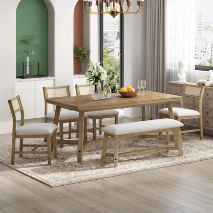 Prehome 6-piece Retro Farmhouse Dining Set, Wood Rectangular Table and 4 Upholstered Rattan Chairs, Bench, Dining Table Set for 5-7, Dining Table Set for Kitchen Dining Room Dorm Apartment, Wood Wash