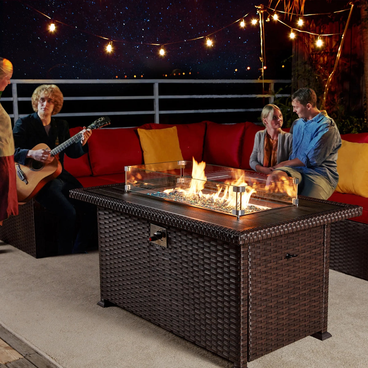 HOMREST Propane Fire Pit Table, 44 Inch 50,000 BTU Auto-Ignition Gas Fire Pit Table Rectangular /w Glass Wind Guard, Wood Plastic Composites Tabletop, CSA Certification Firepit for Outdoor Patio Lawn