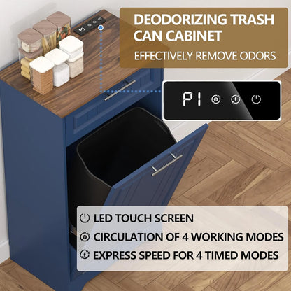 Single 10 Gallon Tilt Out Trash Can Cabinet with Deodorizing Function, Wooden Hidden Garbage Can Holder with Storage Drawers for Kitchen and Dining Room, Laundry Hamper Cabinet for Bathroom, Blue