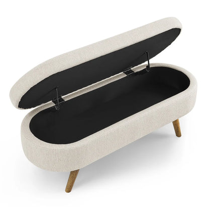 43.5" Oval Storage Ottoman Bench with Solid Wood Legs, Linen Fabric Upholstered Entryway Bench with Safety Hinge, Indoor Bench for End of Bed, Sofa Side, Entryway