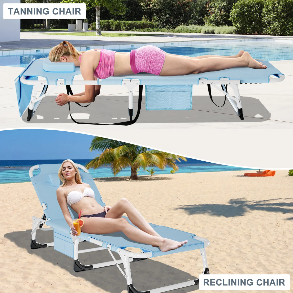 MOPHOTO Lounge Chair with Mattress, Outdoor Chaise Lounge Support 440 Lbs, Adjustable Portable Heavy Duty Sleeping Cots Bed for Camping, Pool, Beach, Patio