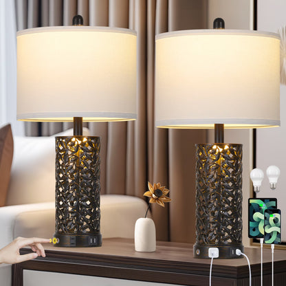 Cinkeda Table Lamp Set of 2 for Living Room Bedroom with USB Ports AC Outlet 3 Way Dimmable Touch Nightlight Farmhouse White Floral Nightstand Bedside Lamps