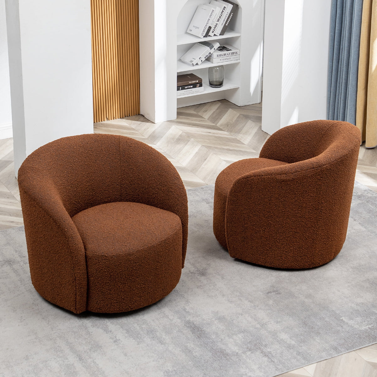 34" W Mid Century Modern Swivel Barrel Chair, Round Upholstered Boucle Swivel Accent Chairs, No Assembly Sofa Chair for Living Room Bedroom Reading Apartment Lounge Nursery(Cream)