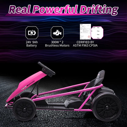 Simzone Go Kart for Kids 24V Battery 300WX2 Motors Pedal On Foot Go Cart 8MPH High Speed Drifting Car with Slow Start Function Music Elastic Durable Tires, Blue