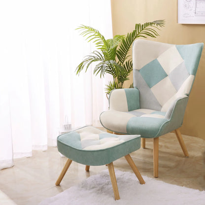 Modern Accent Chair with Solid Wood Legs and High Wing Backrest, Side Chair Set with Ottoman, Comfy Side Armchair for Living Room, Reading Room, Bedroom, Colorful Patchwork