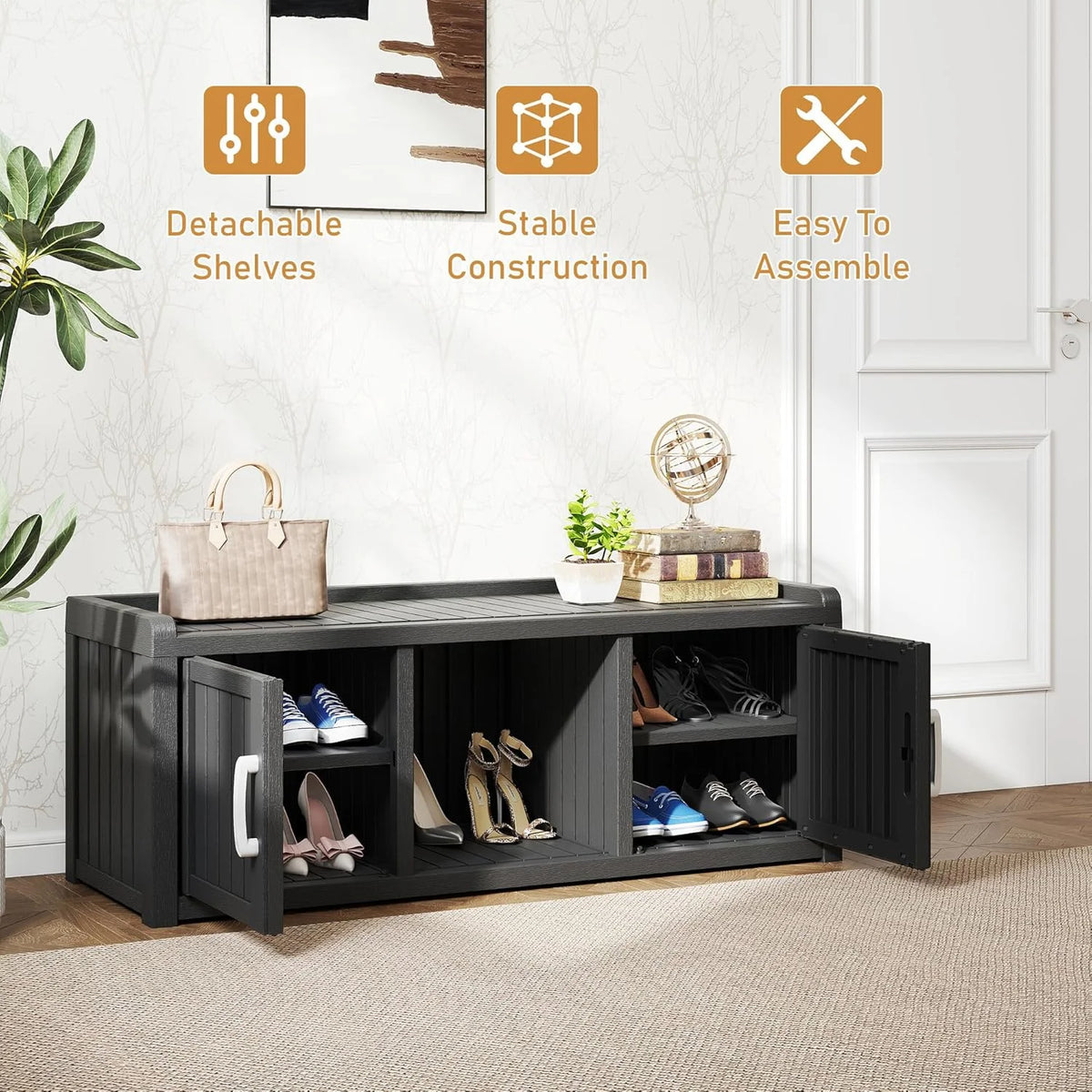 KAMABOKO Outdoor Shoe Storage Cabinet, Waterproof UV-Resistant Entryway Storage Bench Indoor Outdoor with 2 Barn Doors, Adjustable Shelves for Entryway, Bedroom, Hallway,Living Room(Black)