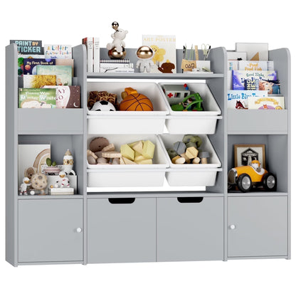 Hiphuta Kids Bookcase Toy Storage Organizer, Wooden Toy Organizer of 4 Bins& 2 Removable Drawers for Home Bedroom, Kids Bookshelf Toy Box with Book Rack, White