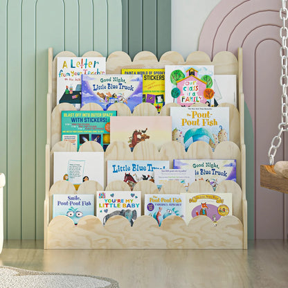 Montessori Wood Kids Bookshelf - Scalloped 4-Tier Front-Facing Book Display, Nursery Organizer for Toddler/Baby Books & Toys, Gender-Neutral Classroom Playroom Storage