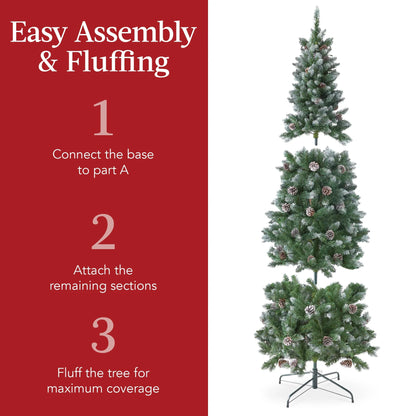 Best Choice Products 6ft Pre-Lit Partially Flocked Pencil Christmas Tree w/ 250 Lights, Pine Cones, Foldable Stand