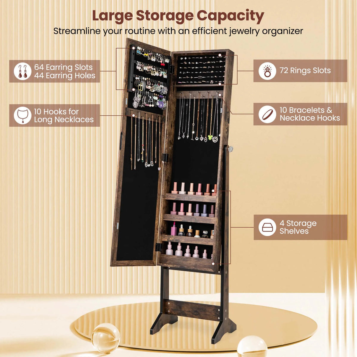 Costway Jewelry Mirrored Cabinet Armoire Organizer Storage Box w/ Stand Christmas Gift