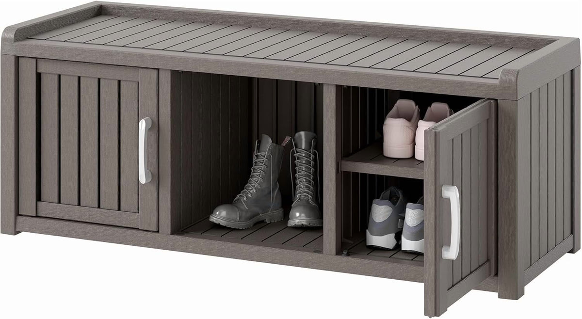 KAMABOKO Outdoor Shoe Storage Cabinet, Waterproof UV-Resistant Entryway Storage Bench Indoor Outdoor with 2 Barn Doors, Adjustable Shelves for Entryway, Bedroom, Hallway,Living Room(Black)