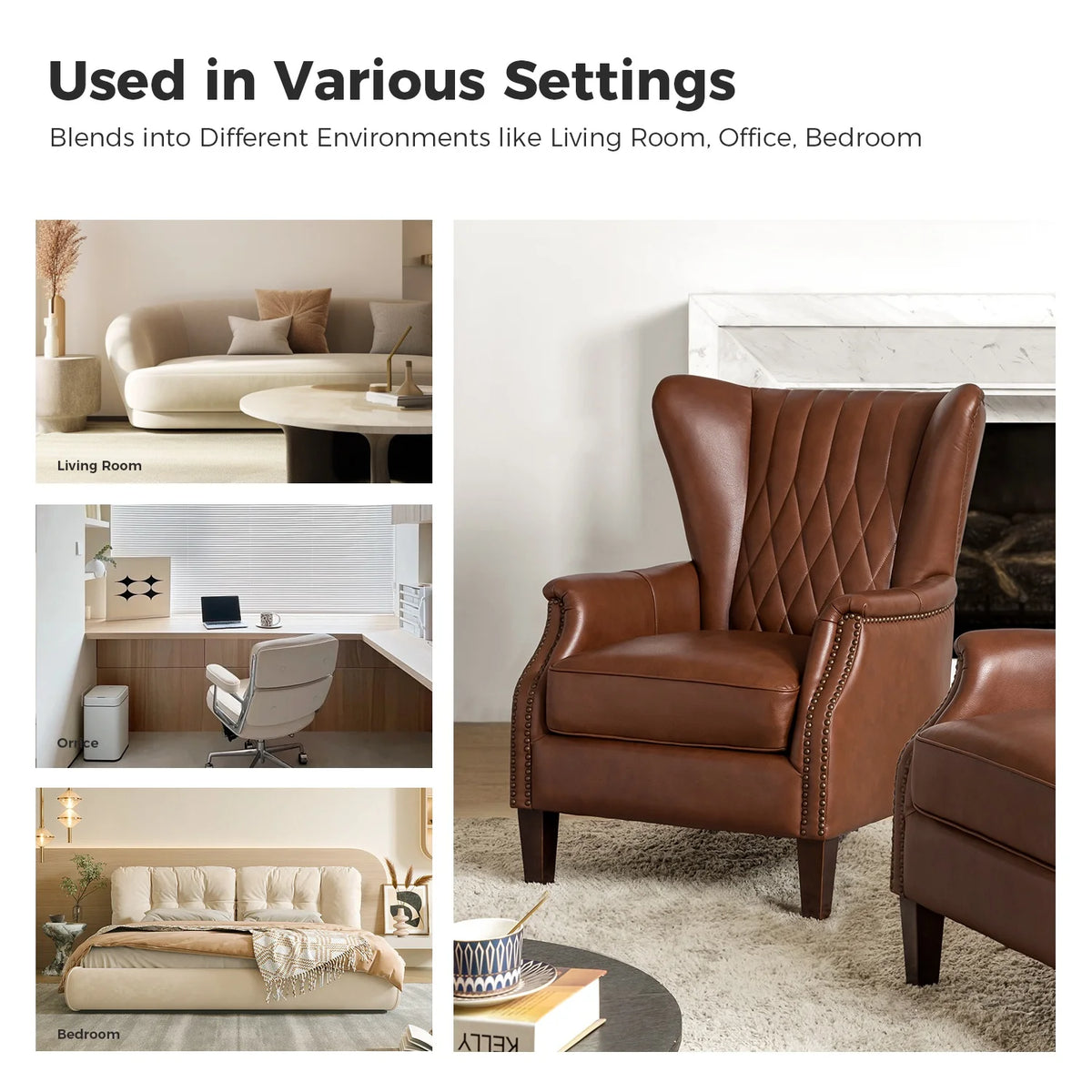 Traditional Genuine Leather Accent Chair with Nailhead Trim Tufted Armchair for Living Room Camel