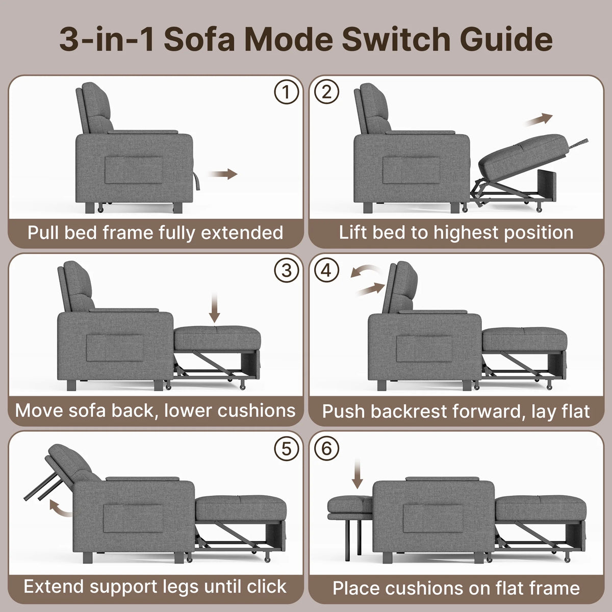 Sofa Bed, Lofka 3-in-1 Convertible Sleeper Sofa with Storage, Adjustable Backrest & Pull Out Function - Sleeper Chair for Small Space, Apartment, Dark Grey