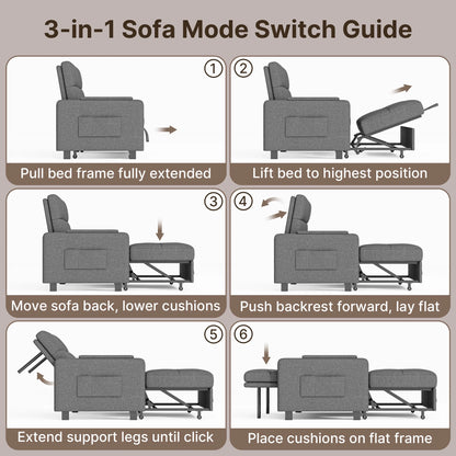 Sofa Bed, Lofka 3-in-1 Convertible Sleeper Sofa with Storage, Adjustable Backrest & Pull Out Function - Sleeper Chair for Small Space, Apartment, Dark Grey