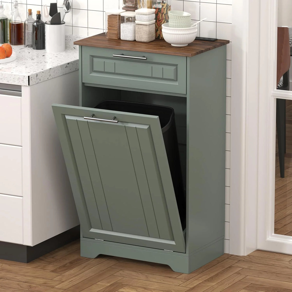 Single 10 Gallon Tilt Out Trash Can Cabinet with Deodorizing Function, Wooden Hidden Garbage Can Holder with Storage Drawers for Kitchen and Dining Room, Laundry Hamper Cabinet for Bathroom, Blue