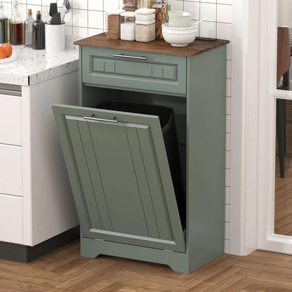 Single 10 Gallon Tilt Out Trash Can Cabinet with Deodorizing Function, Wooden Hidden Garbage Can Holder with Storage Drawers for Kitchen and Dining Room, Laundry Hamper Cabinet for Bathroom, Blue