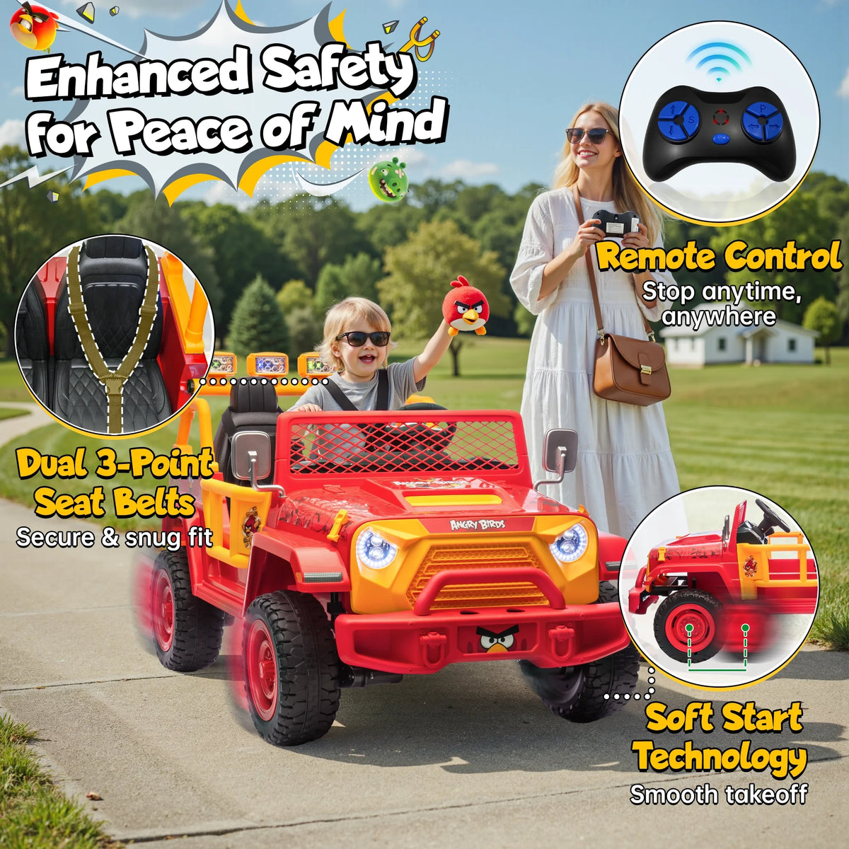 Joyracer 24 Volt Ride on Toys for Big Kids, Licensed Angry Birds Ride on Truck with Remote, 2 Seater 4WD Electric Ride ons with Shovel, Bluetooth, Lights, Power Car Wheels for 3-8, 130lbs, Green