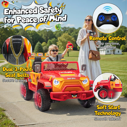 Joyracer 24 Volt Ride on Toys for Big Kids, Licensed Angry Birds Ride on Truck with Remote, 2 Seater 4WD Electric Ride ons with Shovel, Bluetooth, Lights, Power Car Wheels for 3-8, 130lbs, Green