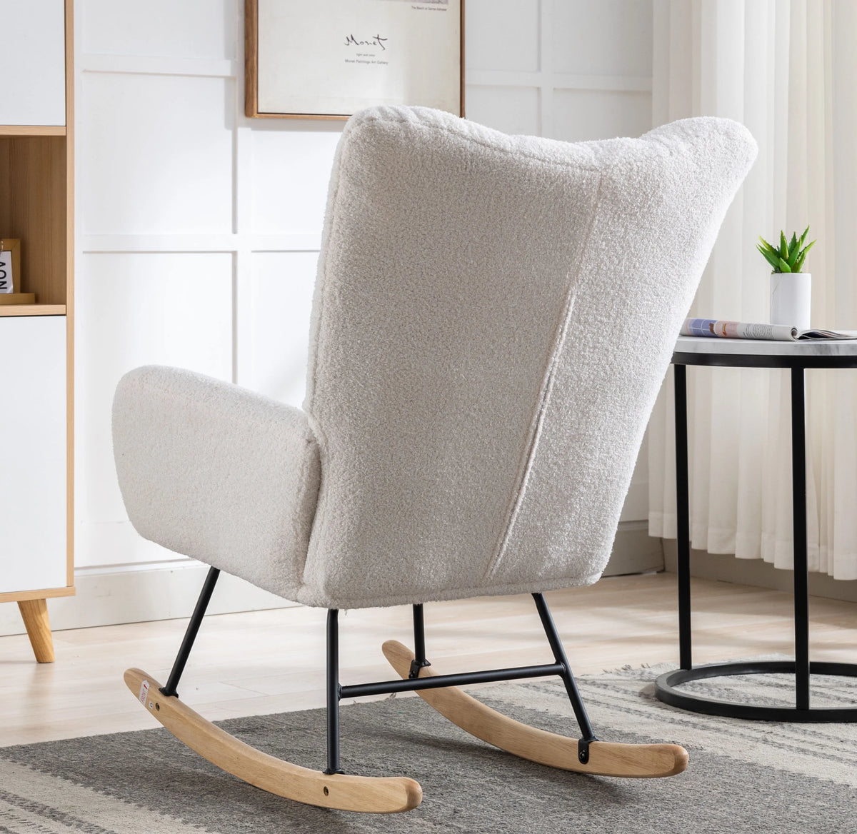 Rocking Chair Nursery,Teddy Upholstered Glider Rocker with High Backrest,Modern Rocking Accent Chairs Glider Recliner for Living Room, Nursery, Bedroom,White